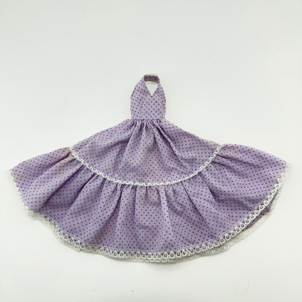 Vintage Barbie Lavender Polka Dot Halter Dress Lace Trim Tiered Skirt